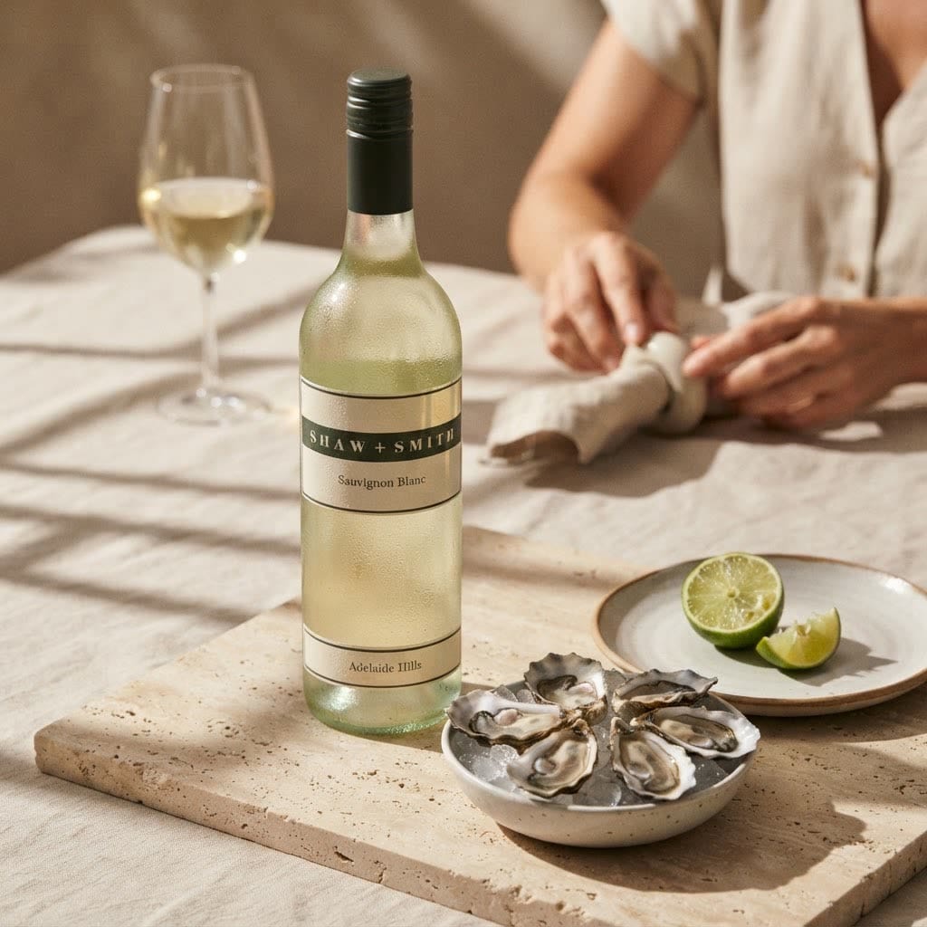 White wine with oysters on a linen table