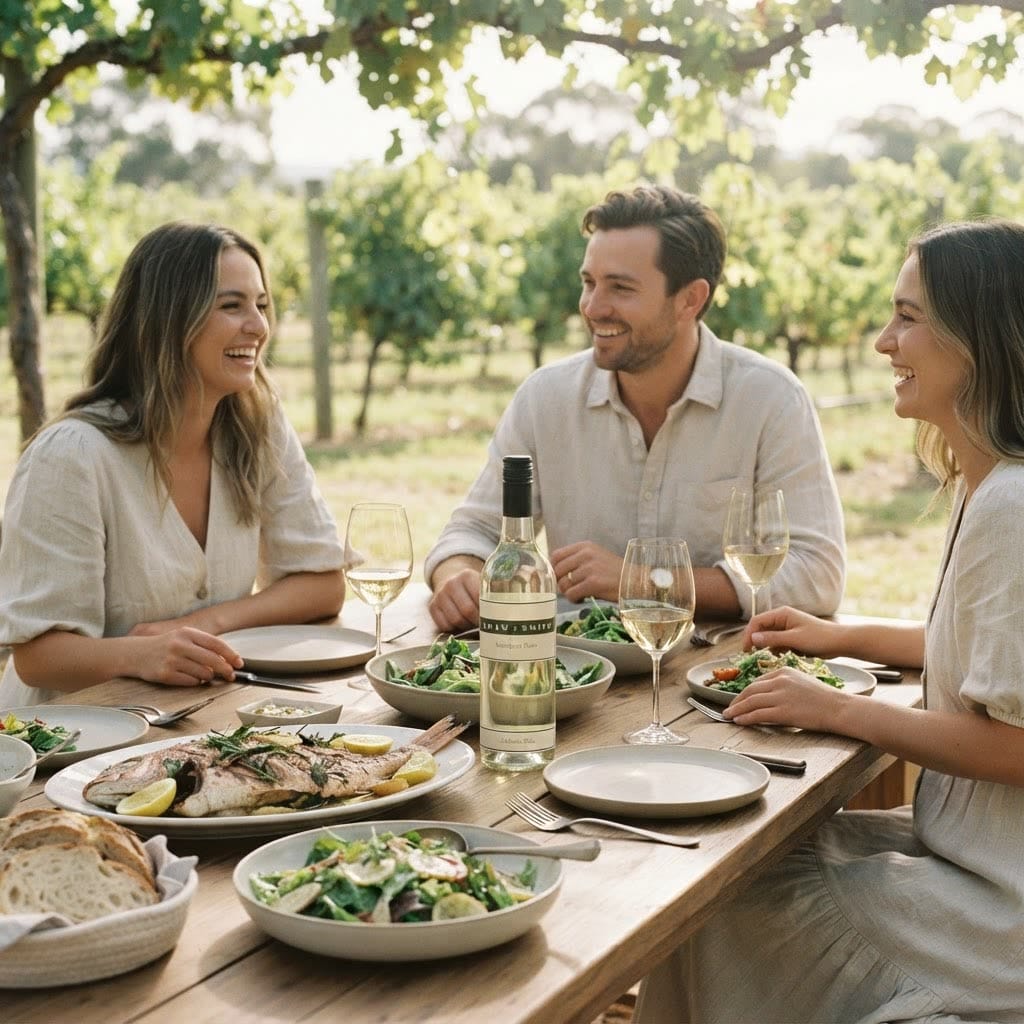 Friends at a long lunch in a vineyard